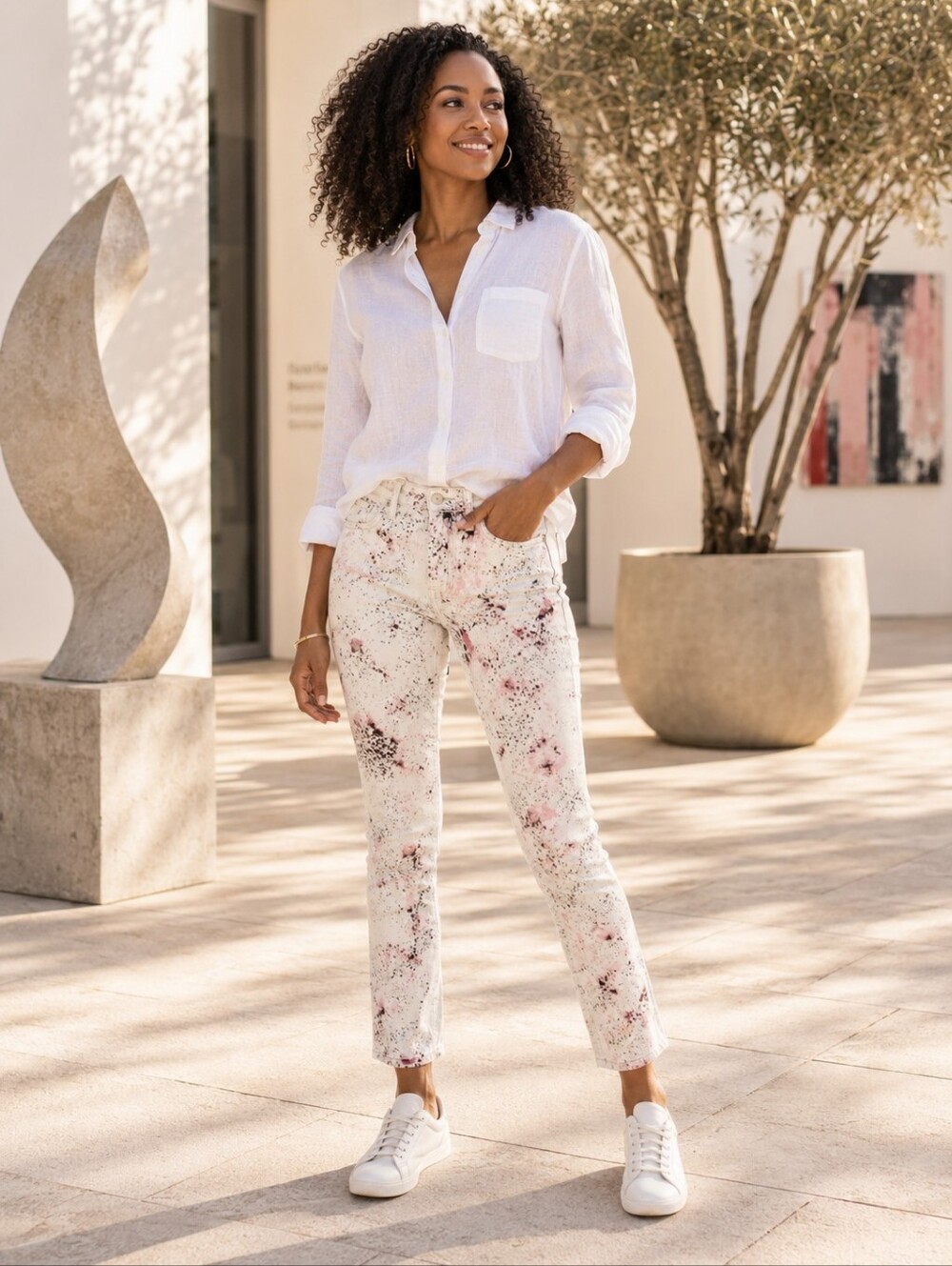 Calvin Klein Paint Splatter Skinny Jeans White Pink Size 29 / 8